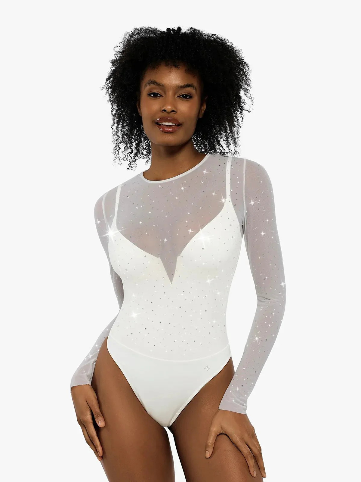 Shapewear Heat-Set Crystal Mesh Long-Sleeve Slimming Bodysuit | Popilush