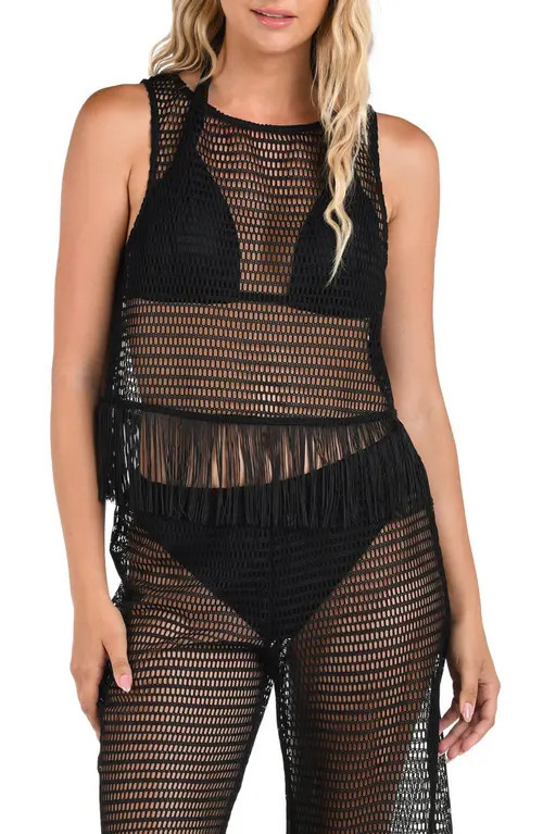 La Blanca Fringe Trim Crochet Tank in Black at Nordstrom, Size Small | Nordstrom