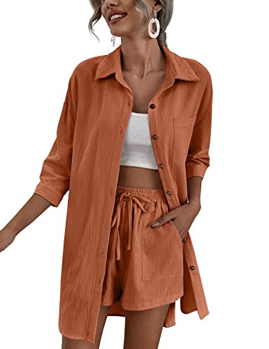 Zeagoo Womens Coordinated Outfit 2 Piece Lounge Tracksuit Sets Cotton Shirt and Drawstring Casual Shorts Set, Burnt Orange, X-Small | Amazon (US)