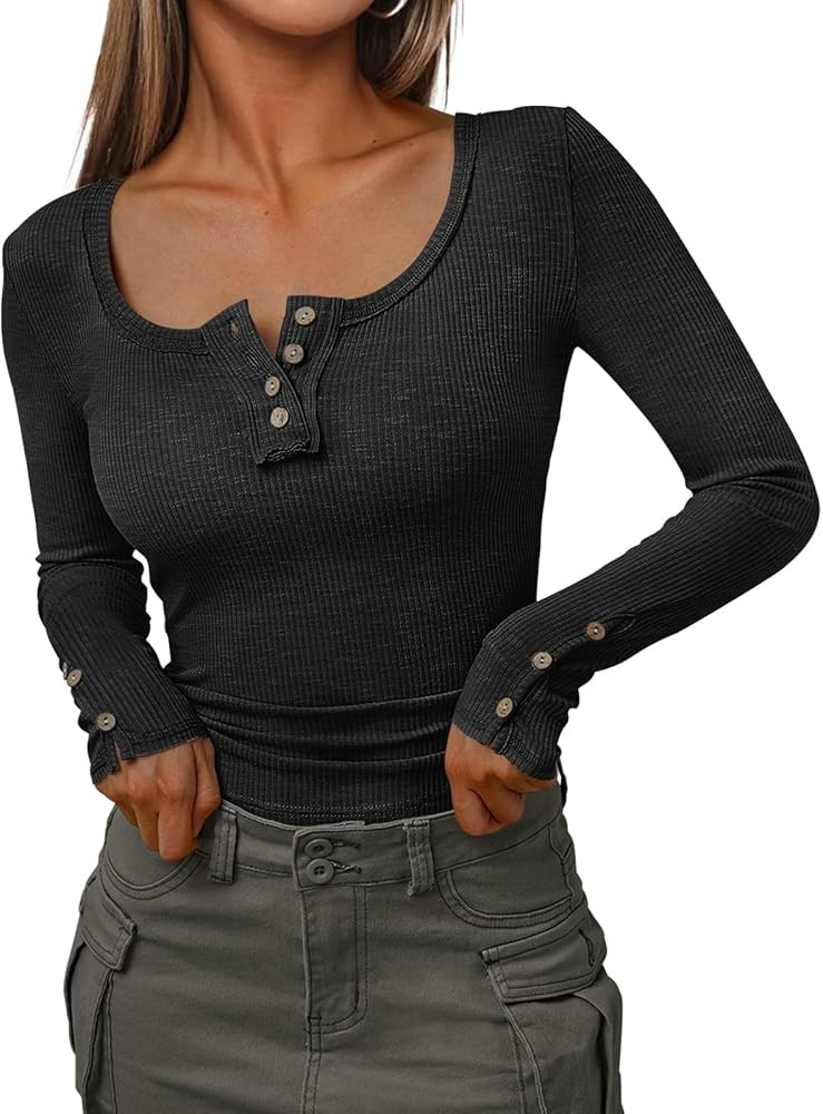 Kissfix Womens Long Sleeve Shirts Going Out Fall Clothes Casual Henley Tops Ribbed Knit Blouses F... | Amazon (US)
