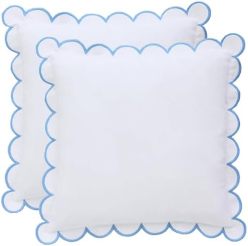 BEBE BASK Scalloped Pillow Cover - Set of 2-18 x 18 Inch - Scallop Pillow Cover – White and Blu... | Amazon (US)