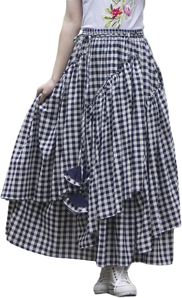 IDEALSANXUN Womens Elastic Waist Aline Cotton Lined Retro Maxi Hem Pleated Long Skirts | Amazon (US)