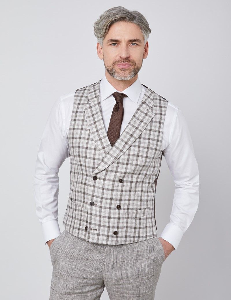 Men’s Brown Check Italian Linen Double Breasted Waistcoat – 1913 Collection | Hawes & Curtis (UK)