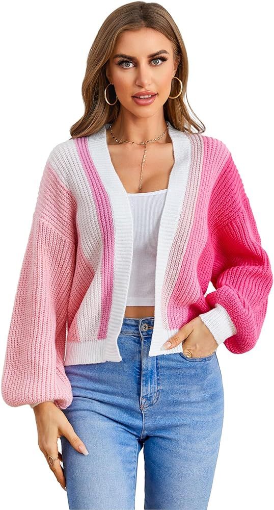 SHENHE Women's Color Block Open Front Long Sleeve Ribbed Knit Cropped Cardigan Sweaters | Amazon (US)