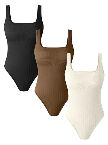 OQQ Women's 3 Piece Bodysuits Sexy Ribbed Square Neck Basic Stretch Tank Tops Bodysuits Black Coffee Beige | Amazon (US)