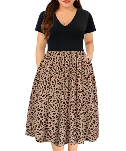 RITERA Plus Size Dress for Women's 4X Leopard Print Summer Dress Elastic High Waist V Neck Short Sleeve Flowy Casual Dress with Pockets 4XL 24W 26W | Amazon (US)