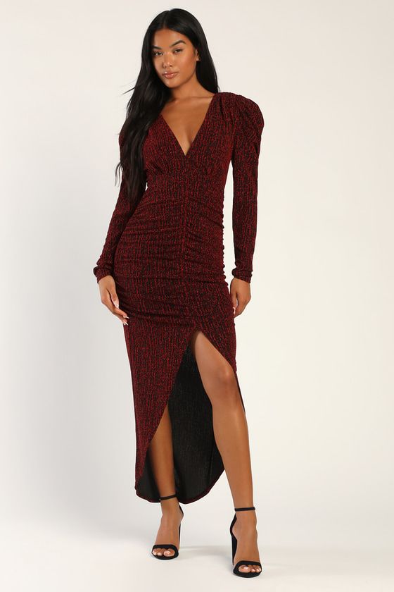 Party Glam Metallic Red Long Sleeve Ruched Midi Dress | Lulus (US)