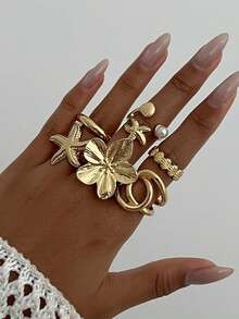 6pieces/Set Vintage Smooth Vegan Ring Fashion Ring Bohemian Starfish Personalized Ring | SHEIN
