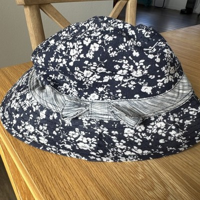 ANTHROPOLOGIE Navy Blue White Floral Striped Quilt Boho Bucket Hat Sun Bow Plaid | eBay US