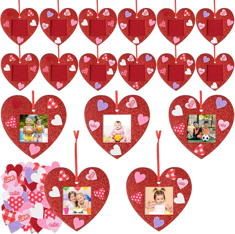 24 Pcs Valentine Picture Frame Craft Kits, Felt Heart Photo Ornaments with 100 Pcs Stickers, Glit... | Amazon (US)