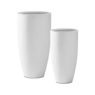 31.4"" and 23.6""H Pure White Concrete Tall Planters (Set of 2), Large Outdoor Indoor w/Drainage Hole & Rubber Plug | The Home Depot
