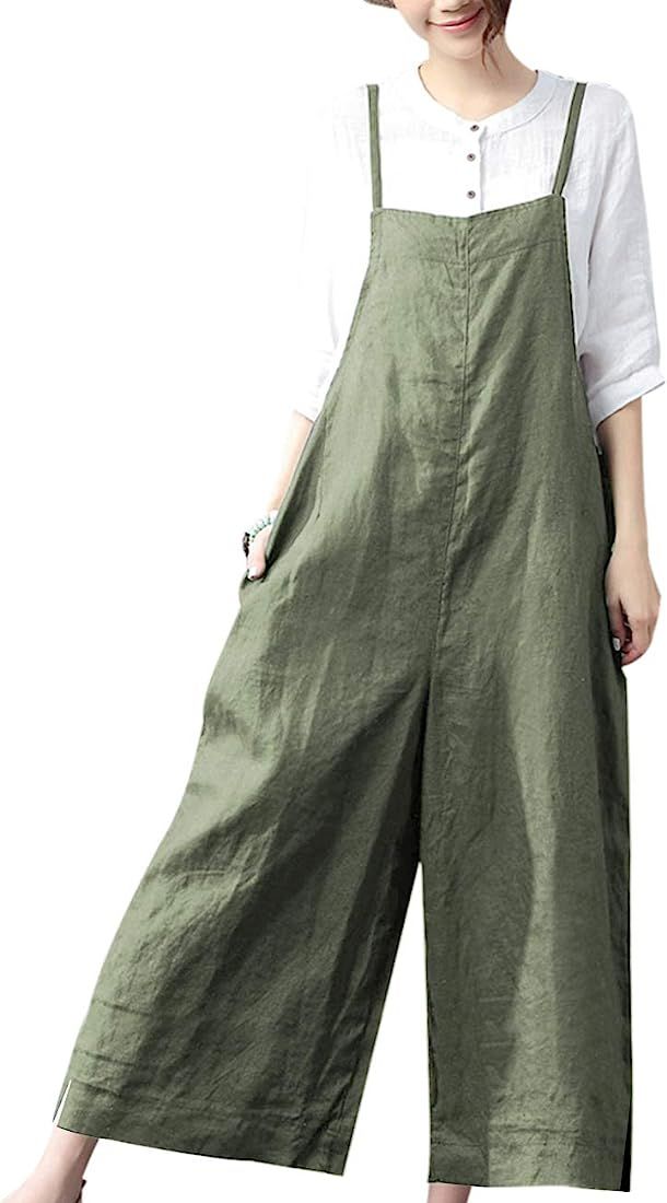 YESNO Women Casual Loose Long Bib Pants Wide Leg Jumpsuits Baggy Cotton Rompers Overalls with Poc... | Amazon (US)