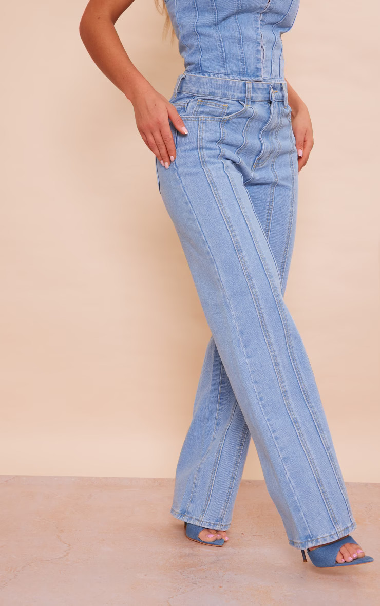 Light Blue Wash Panelled Seam Detail Straight Leg Jeans | PrettyLittleThing US