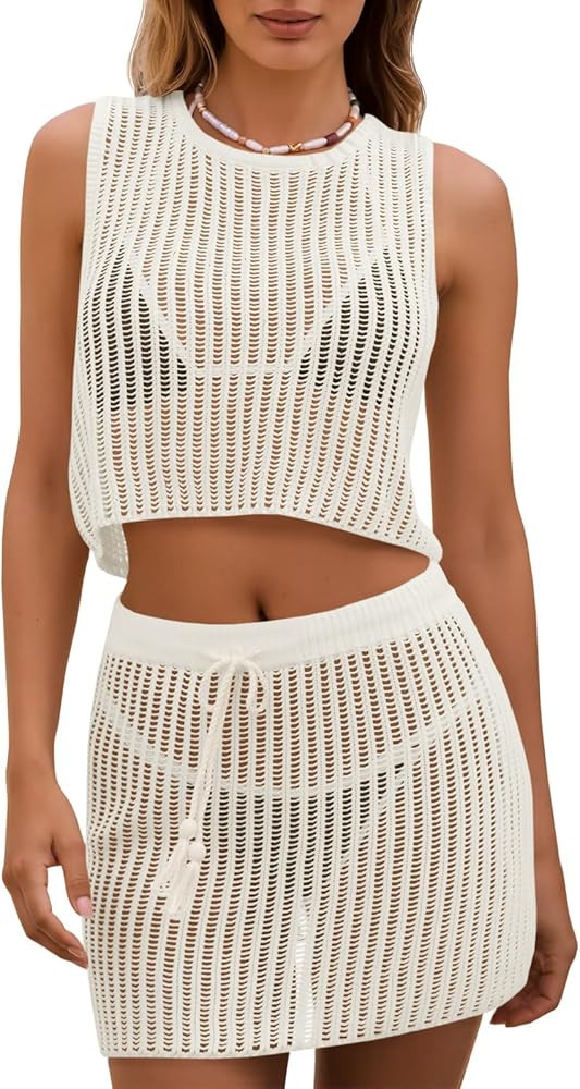 Fisoew Womens 2 Piece Crochet Sets Sleeveless Crop Tops Cover Up Beach Mini Skirt Outfits Vacatio... | Amazon (US)