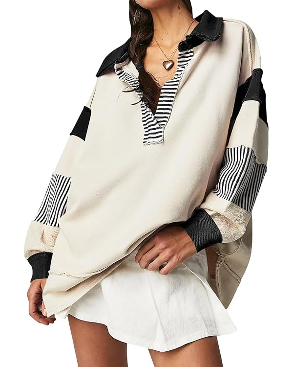 Ugerlov Women's Oversized Sweatshirt Lapel Collared V Neck Polo Shirts Pullover Color Block Strip... | Amazon (US)