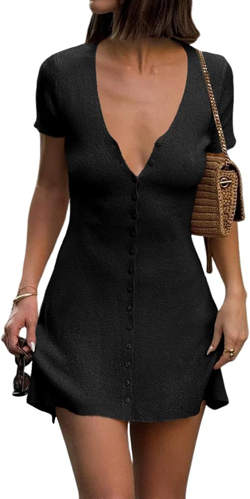 Saodimallsu Womens Short Sleeve Mini Dress V Neck Button Up Cardigan Sweater Summer Ribbed Knit F... | Amazon (US)