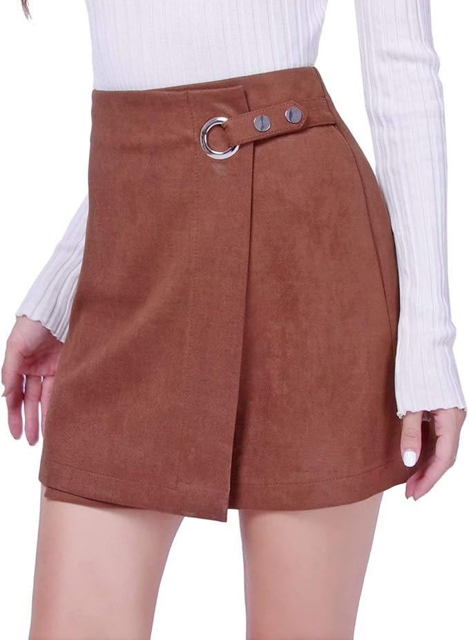 DIASHINY Womens Faux Suede Mini Skirt Above Knee Length Wrap A Line Winter Spring Fall | Amazon (US)