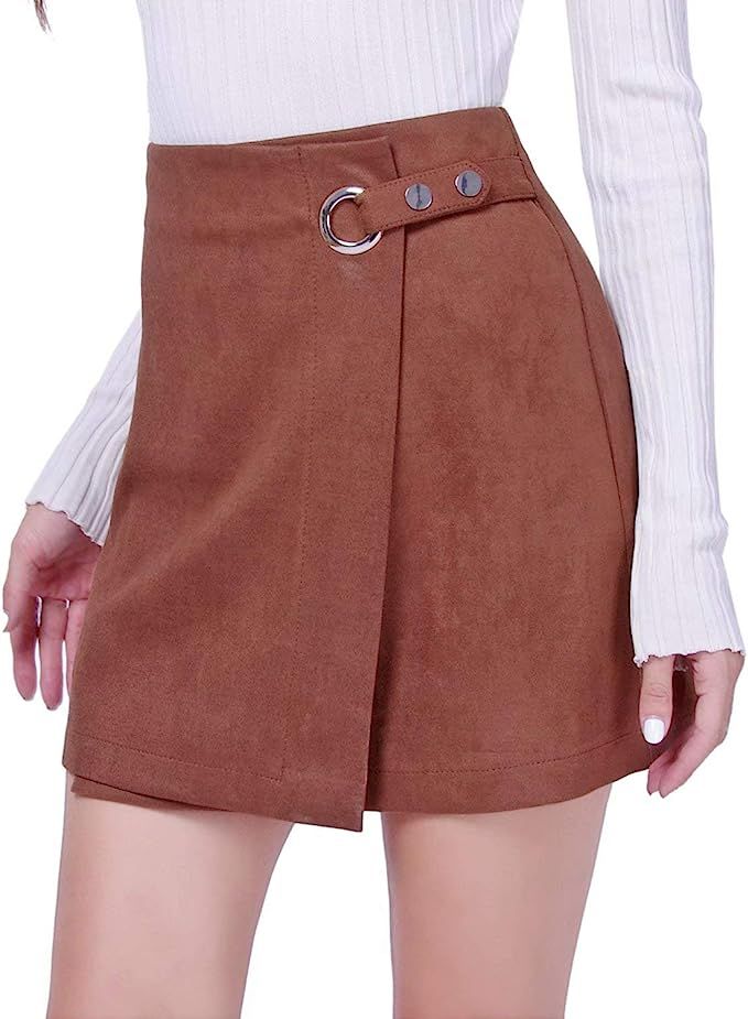 DIASHINY Womens Faux Suede Mini Skirt Above Knee Length Wrap A Line Winter Spring Fall | Amazon (US)