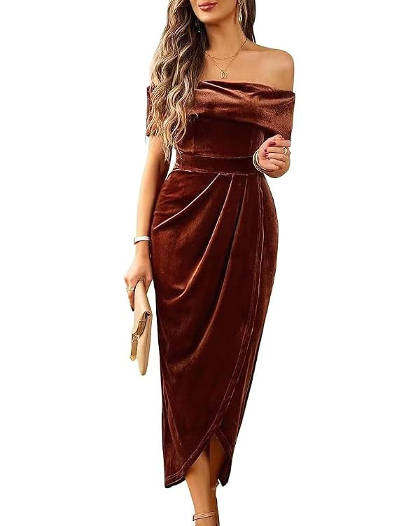 Off The Shoulder Vintage Velvet Bodycon Midi Dress for Women Wrap Slit Elegant Cocktail Party Eve... | Amazon (US)