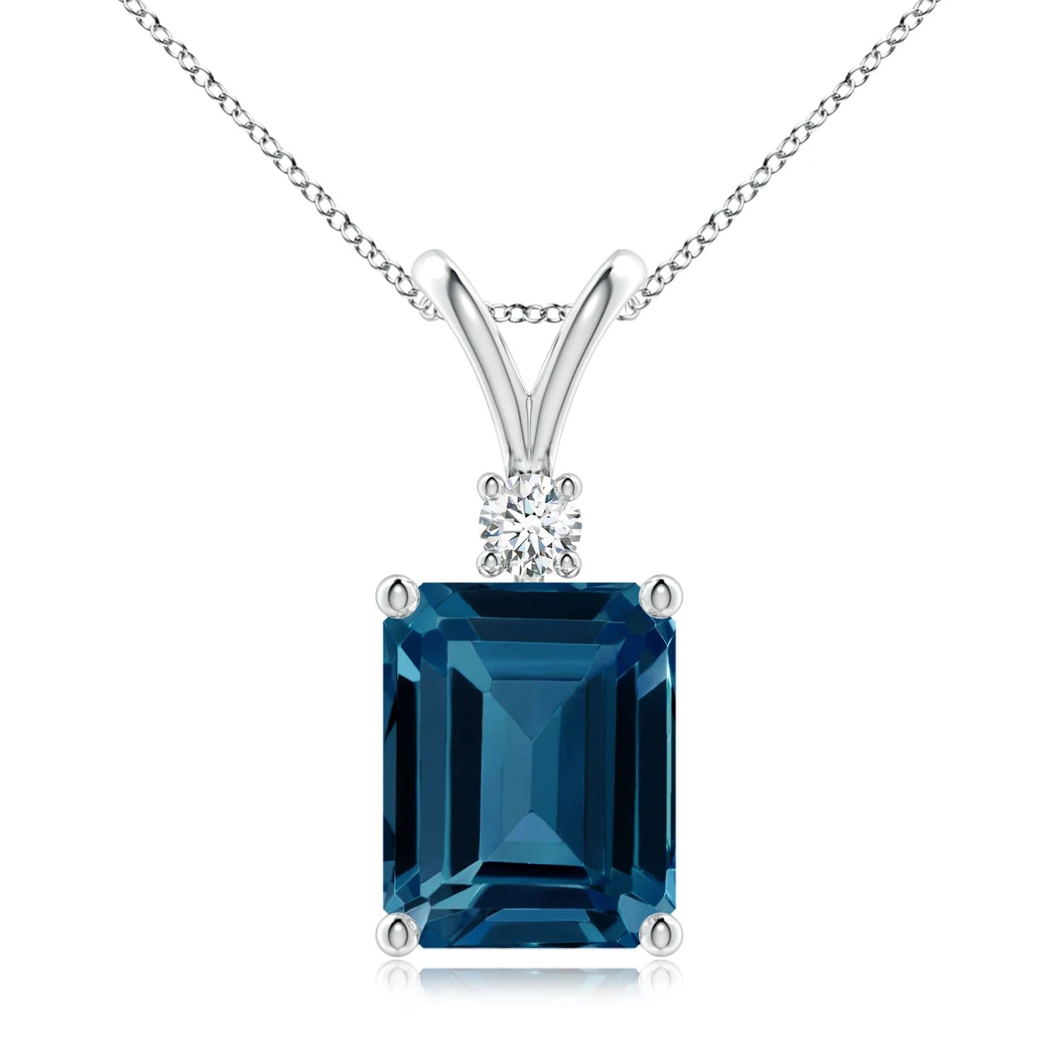 Emerald-Cut London Blue Topaz Solitaire Pendant with Diamond | Angara | Angara US