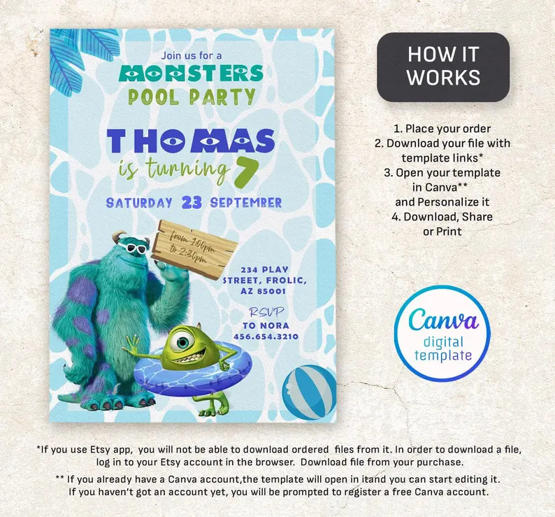 Monster birthday invitation, printable Monsters University template, editable Monster Inc evite H... | Etsy (Global)