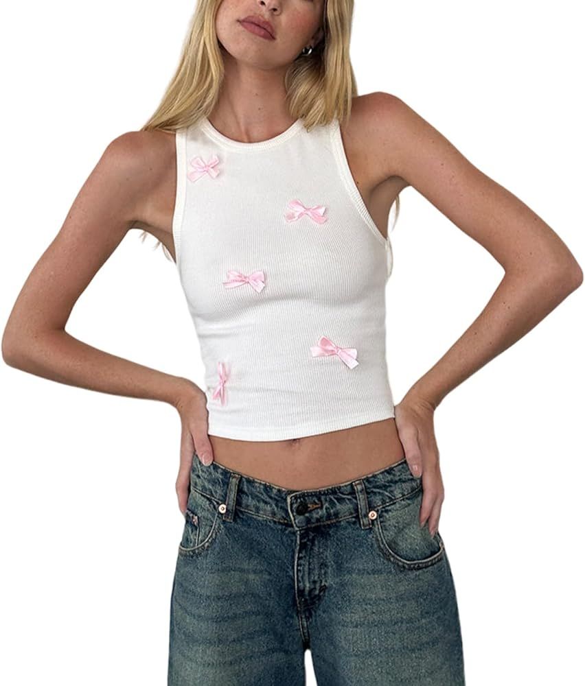 Aesthetic Tank Tops for Women 90s Fairy Grunge Ribbed Knit Cami Shirts Summer Sleeveless Bow Ribb... | Amazon (US)