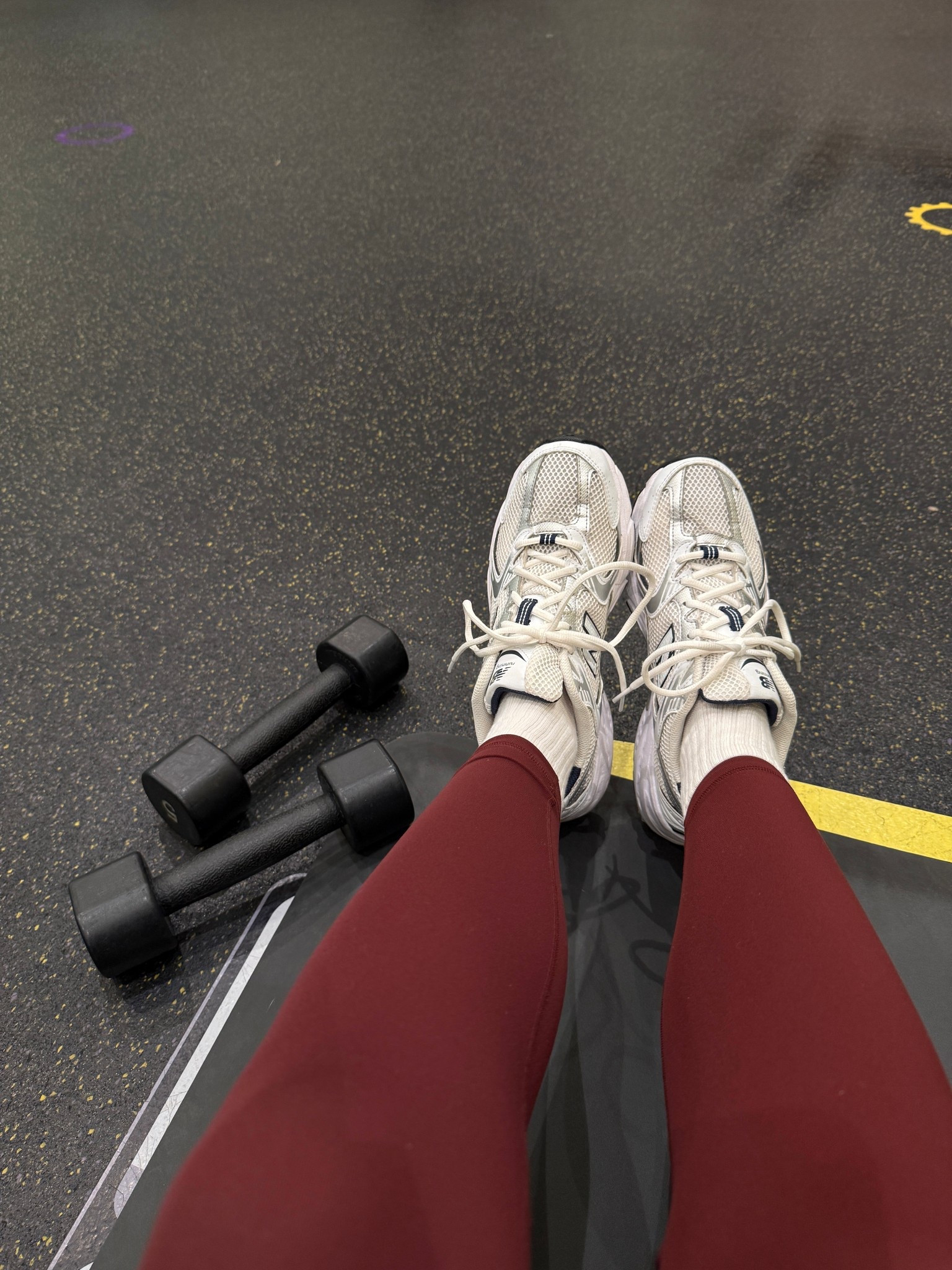 New Balance 530 Tennis Shoes 👟 I go up half size!
Amazon white crew socks
Amazon CRZ Yoga leggings (Red Merlot) 

#LTKdayinmylife #LTKActive #LTKootd