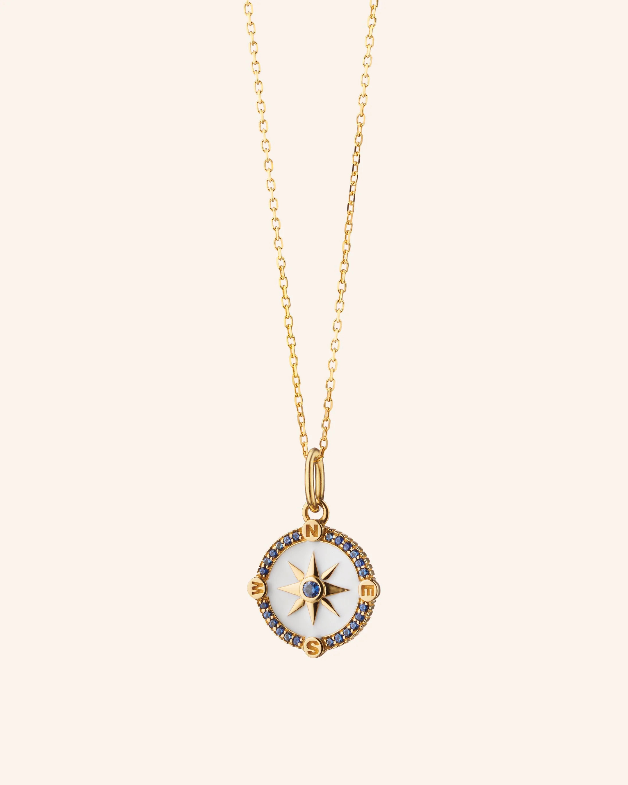Mini "Adventure" Compass Necklace with White Enamel and Blue Sapphires | Monica Rich Kosann