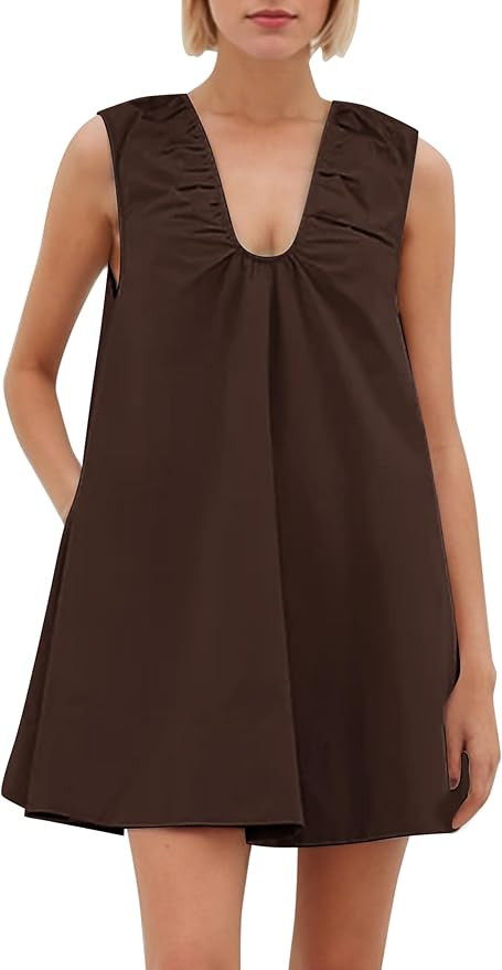 Ardrem Women Summer Sleeveless Babydoll Mini Dress Scoop Neck Loose Fit Tank Dresses Party Ruched... | Amazon (US)