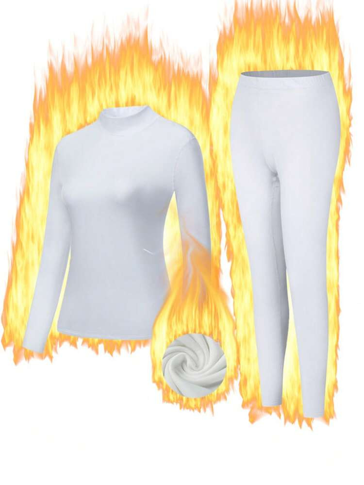 1Set Women's White High Neck Thermal Lingerie Set Fashion Design Fitted Cold-Resistant Warm Wear Comfortable Stretch Autumn And Winter Gifts | SHEIN
