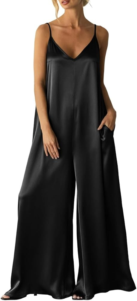 Womens Satin Wide Leg Jumpsuits Dressy Flowy Date Night Rompers Outfits | Amazon (US)