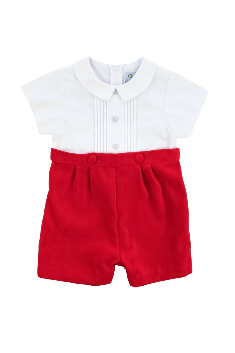 Red Pique And Velvet Short Sleeve All In One Shortall | Florence Eiseman
