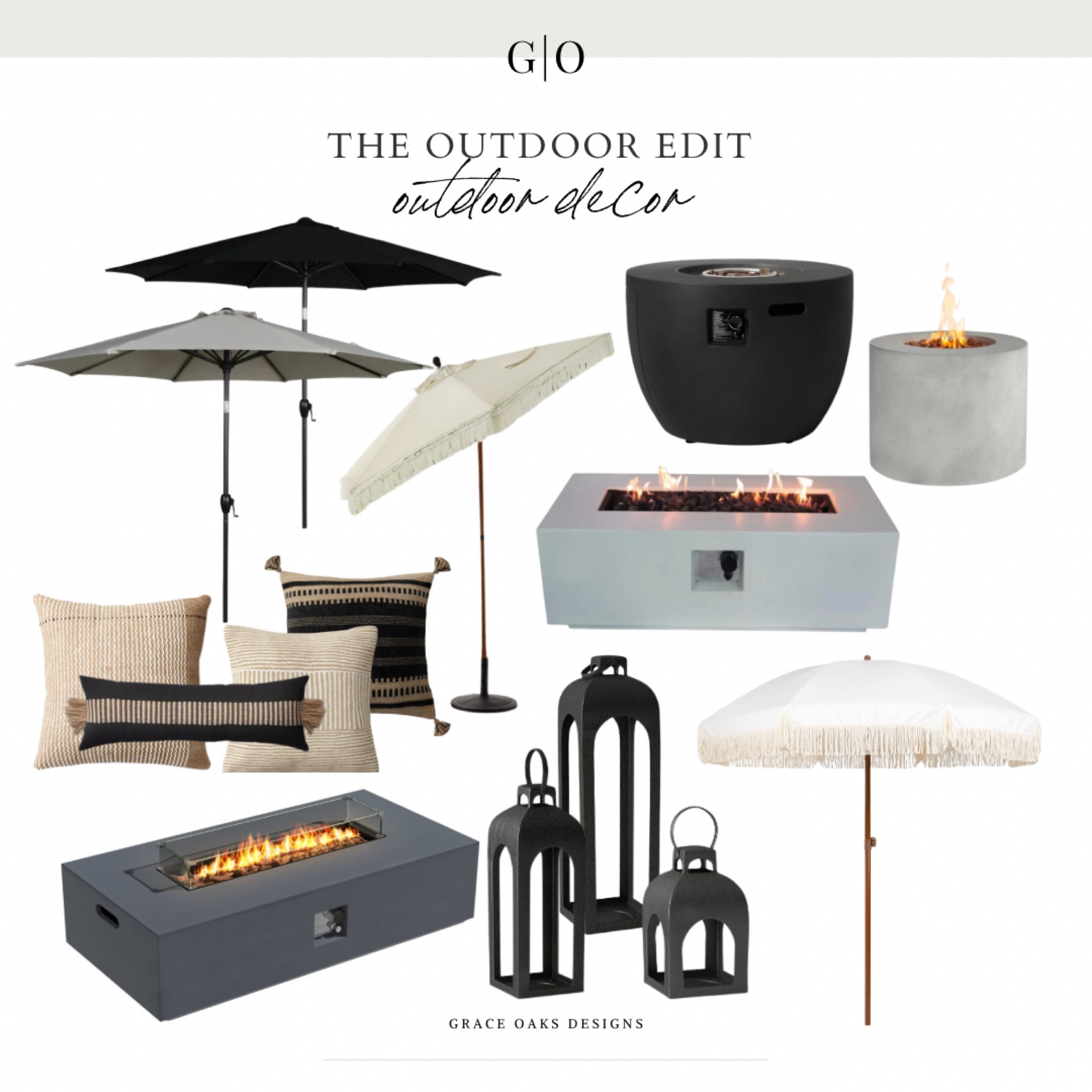 the outdoor edit: outdoor decor - patio umbrellas, outdoor pillows, firepits. 

modern neutral outdoor decor. patio decor. fire pit. black patio umbrella. fringe patio umbrella. white patio umbrella. neutral throw pillows. lanterns. Home decor. Outdoor decor. Patio. Porch. Deck  

#LTKunder50 #LTKhome #LTKSeasonal
