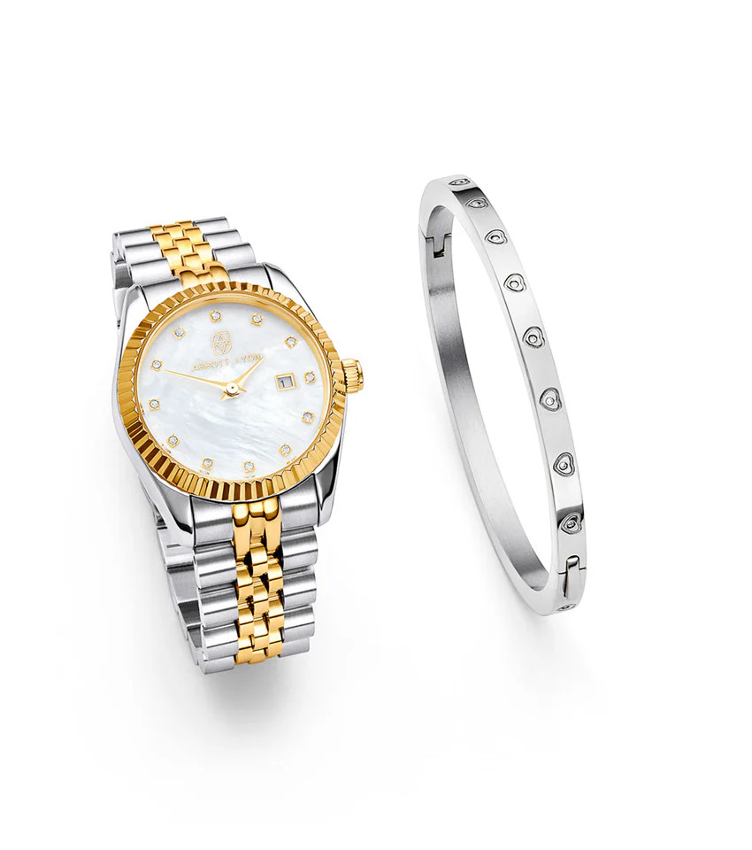 Pearl Belgravia & Crystal Heart Bangle Bundle (Silver) | Abbott Lyon