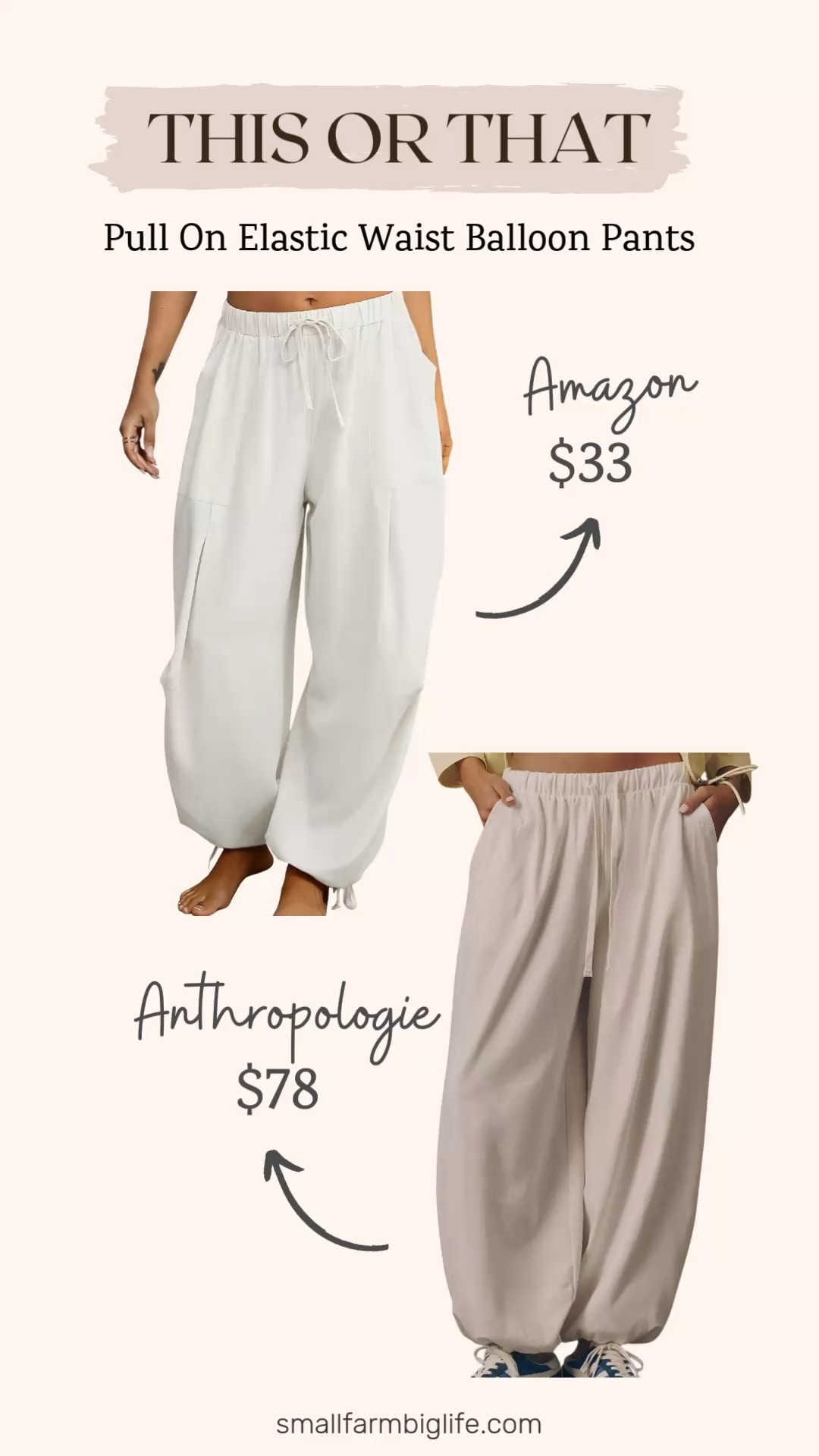 This or that! Pull on balloon pants edition. Two versions of this effortless and comfortable style at very different price points! The Amazon linen version is breezy and perfect for warm weather while the Anthropologie knit jogger version is cozy and elevated. Both are the easy pull on elastic waist style that works for so many different occasions. Which one would you choose? Linking both below! 

 #LTKgrwm #LTKootd #LTKOver40