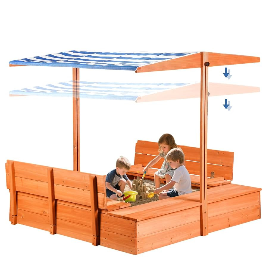 Kids Wooden Outdoor Sandbox with Cover，Sand Boxes with Canopy and Foldable Storage Bench Seats,... | Amazon (US)