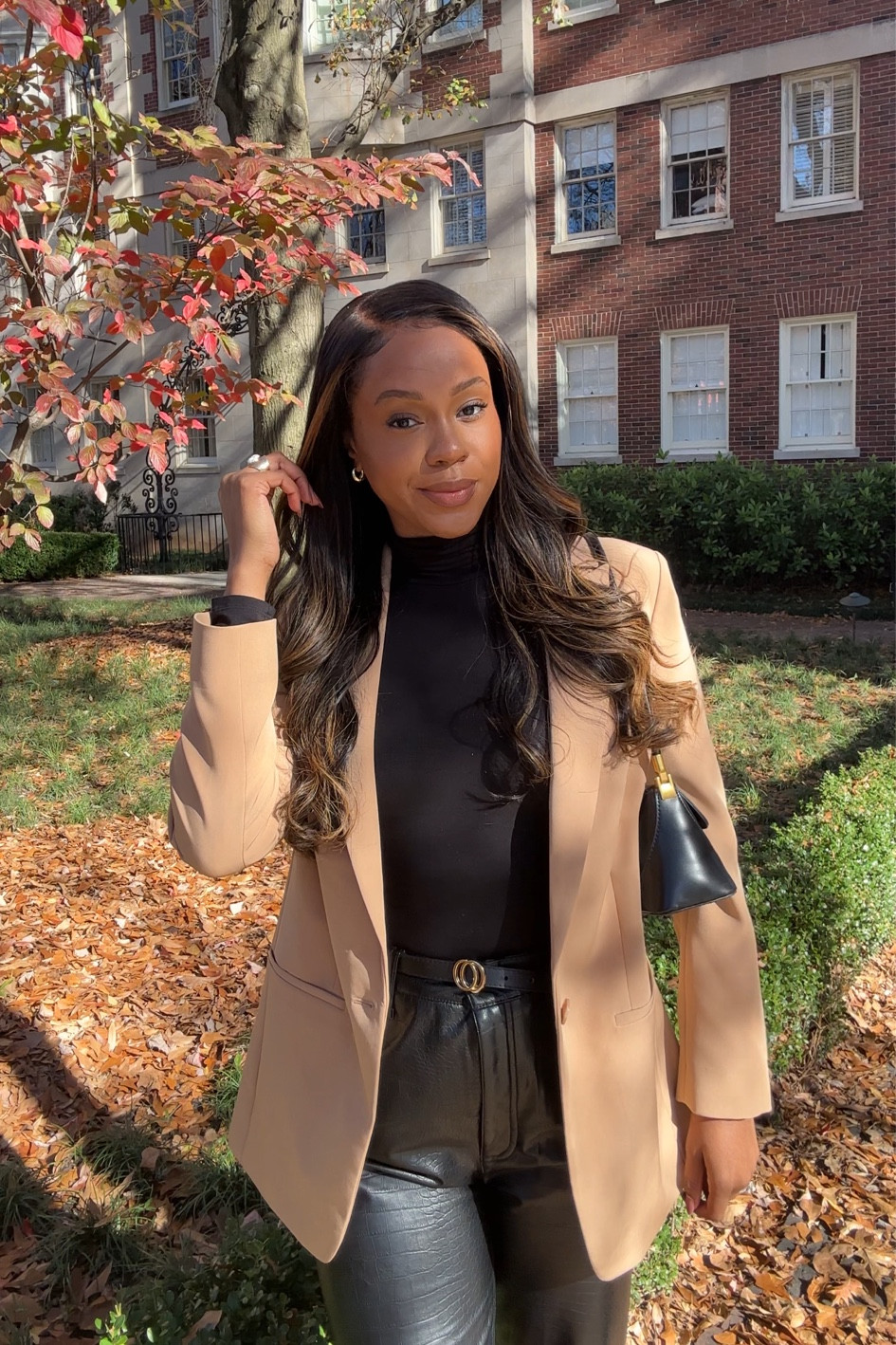 Work outfit inspo for fall and winter. Love this camel blazer from express, it’s the perfect neutral brown. Paired it with a basic black mock turtle neck bodysuit from express and black leather straight leg pants also from express.  

#LTKSeasonal #LTKfindsunder50 #LTKworkwear