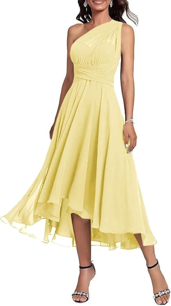 One Shoulder Bridesmaid Dresses for Women Tea Length Chiffon Formal Wedding Guest Dress | Amazon (US)