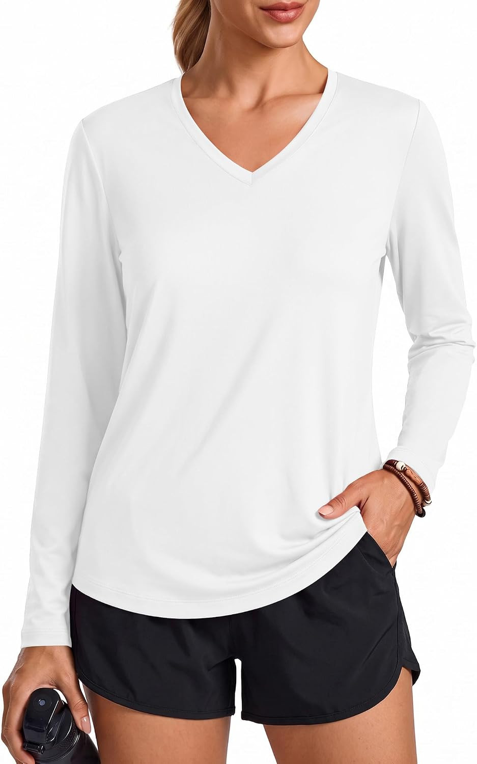 PINSPARK Long Sleeve Workout Tops for Women V-Neck UPF 50+ Running Shirts | Amazon (US)