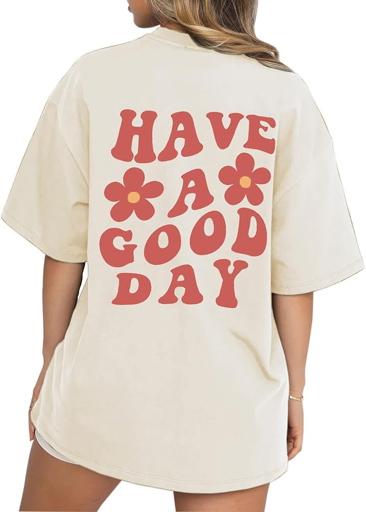 Cioatin Women’s Aesthetic Y2K Oversize Tee Shirt Top Floral Slogan Letter Graphic Drop Shoulder... | Amazon (US)