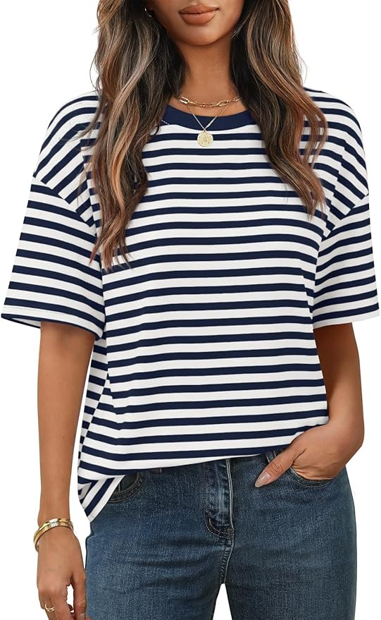 MEROKEETY Women's 2026 Summer Short Sleeve Tops Casual Colourful Striped Crewneck Loose Work T Sh... | Amazon (US)