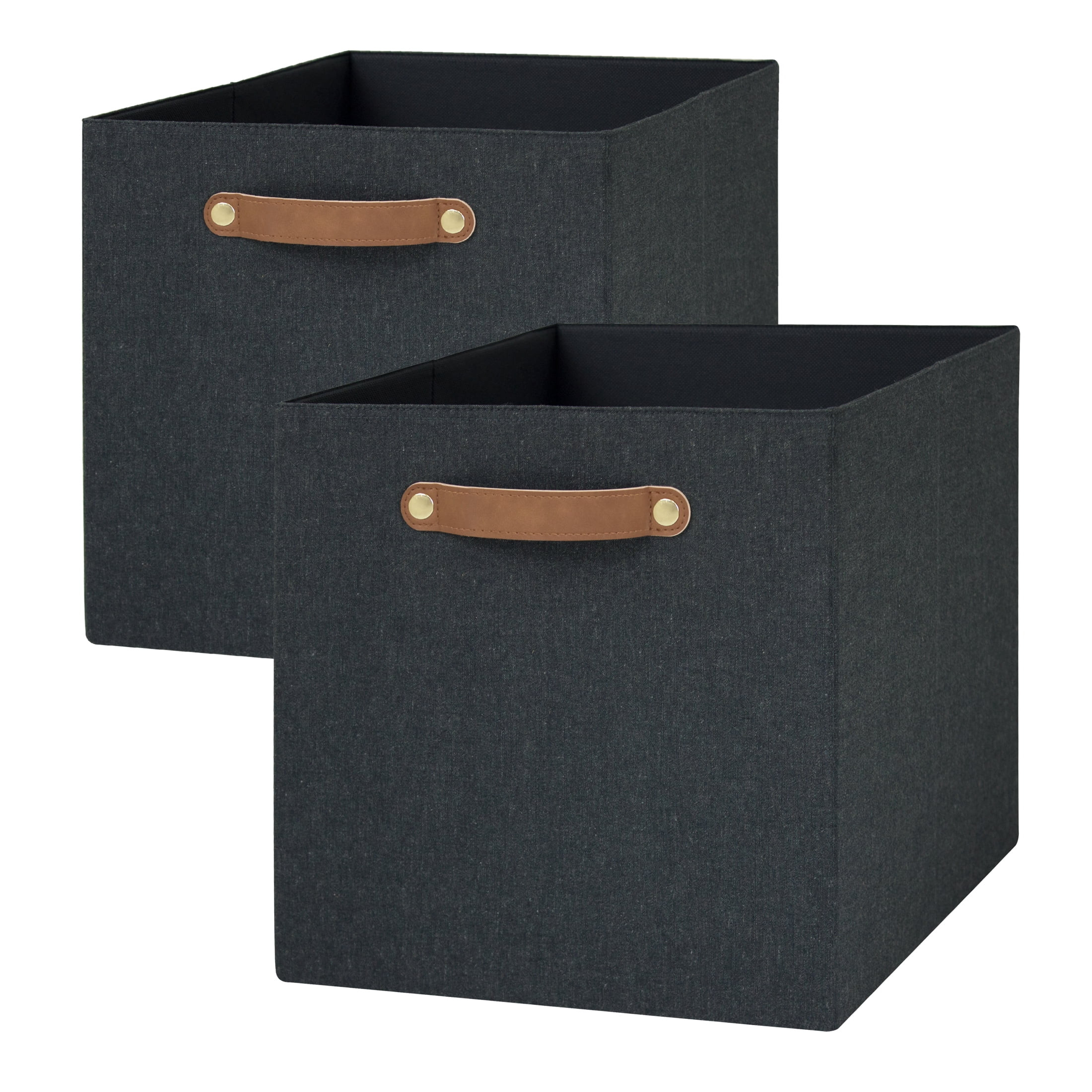 Better Homes & Gardens Fabric Cube Storage Bins (12.75" x 12.75"), 2 Pack, Charcoal with Leather ... | Walmart (US)