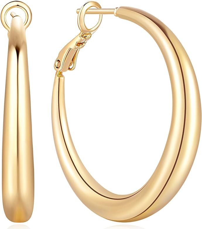 GIORGIA GIBBS 14K Gold Hoop Earrings for Women Trendy Gold Earrings Polished Gold Chunky Hoop Ear... | Amazon (US)