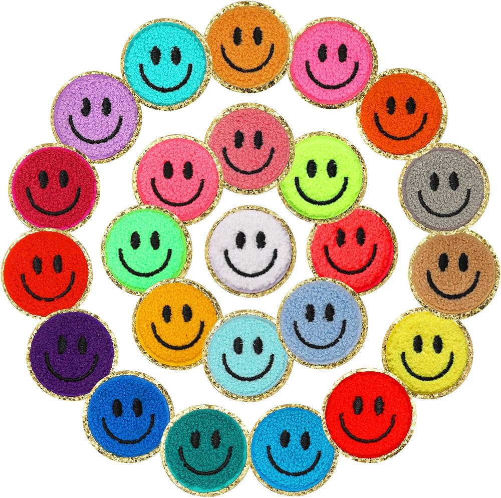 24 Pcs Smile Face Patch Iron on Patches 2 Inch Chenille Cute Preppy Happy Face Patches Glitter He... | Amazon (US)