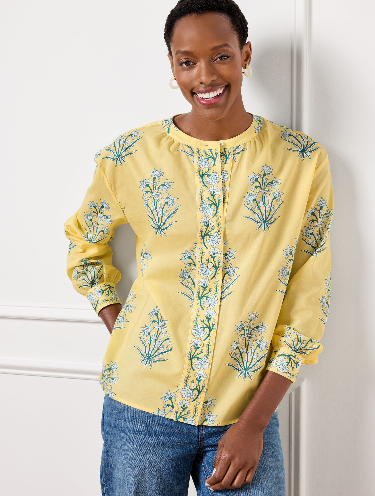 Relaxed Button Front Top - Leafy Floral | Talbots