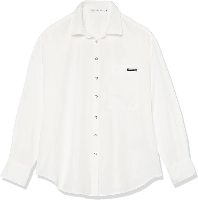 Calvin Klein Women's Split Hem Button Down Shirt with Roll Tab Sleeves, White, Medium | Amazon (US)