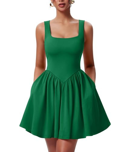 YMDUCH Women's Summer Sleeveless Square Neck A-line Ruffle Hem Mini Tank Dress with Pockets Green | Amazon (US)