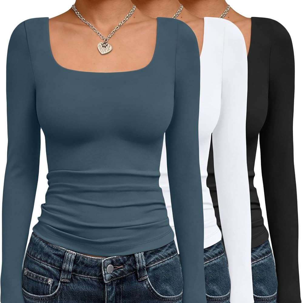 AUTOMET 3 Pack Womens Long Sleeve Shirts Fall Fashion Scoop Neck Crop Tops Basic Layer Slim Fit Y... | Amazon (US)