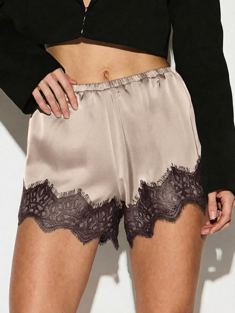 Women Satin Lace Trim Sleep Shorts Silky Smooth Loungewear Pajama Bottoms Elastic Waist Sleepwear Comfort Nightwear Relaxed Fit | SHEIN