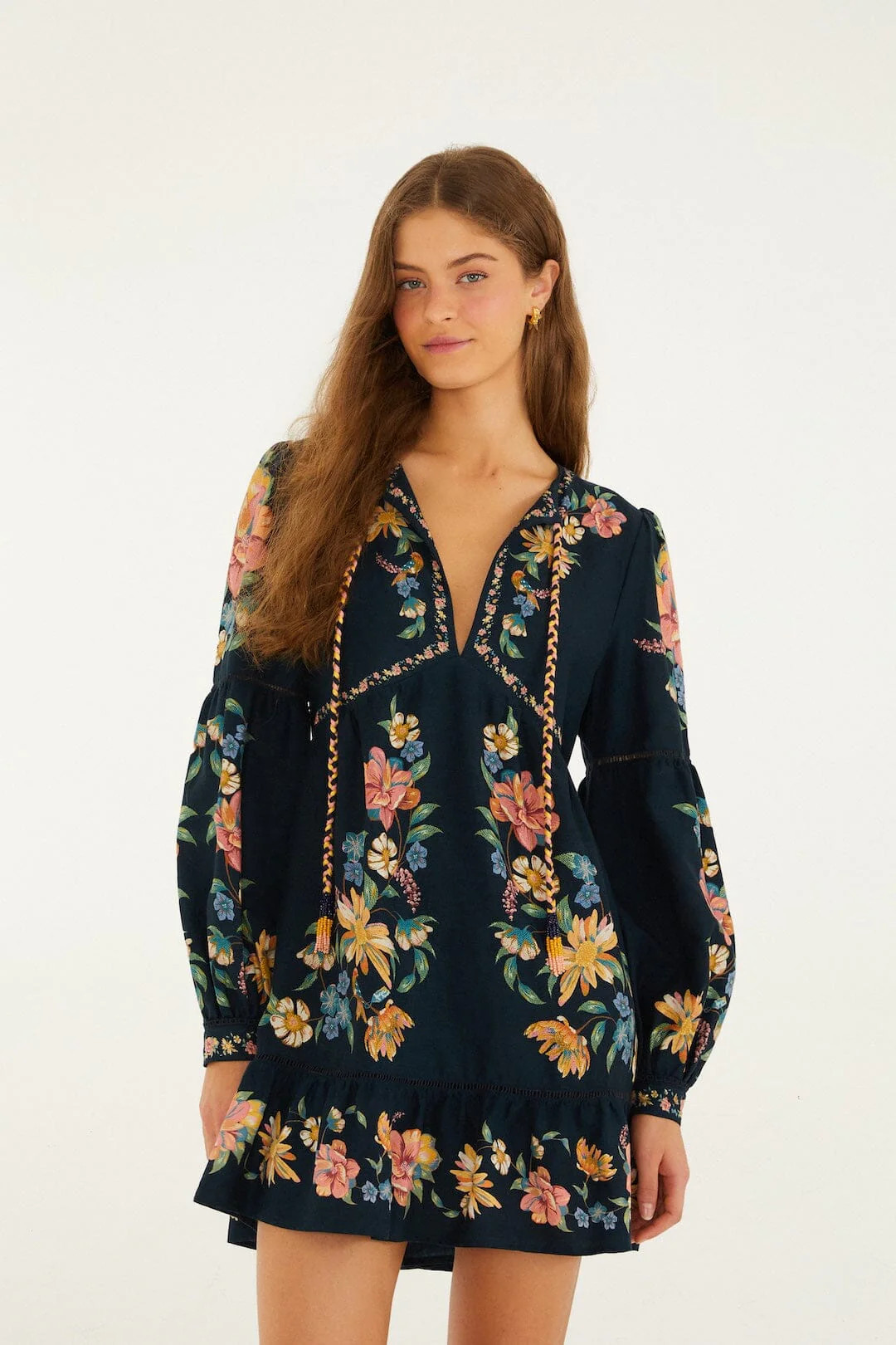 Dark Blue Maira Floral Lenzing Ecovero Euroflax Mini Dress | FARM Rio | FarmRio (US)